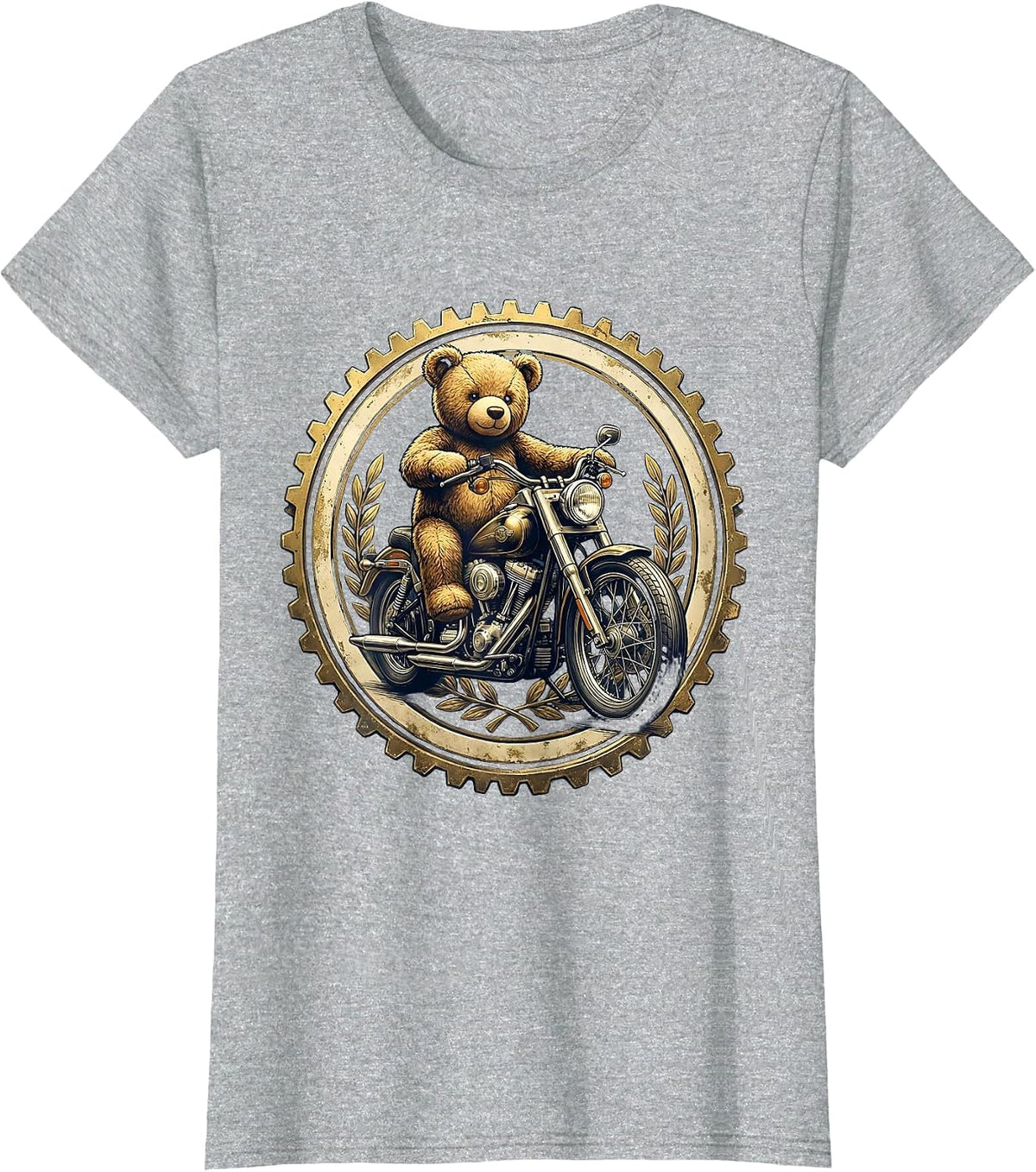 Teddy Bear Riding Vintage Motorcycle Graphic Tee T-Shirt - Heather Grey