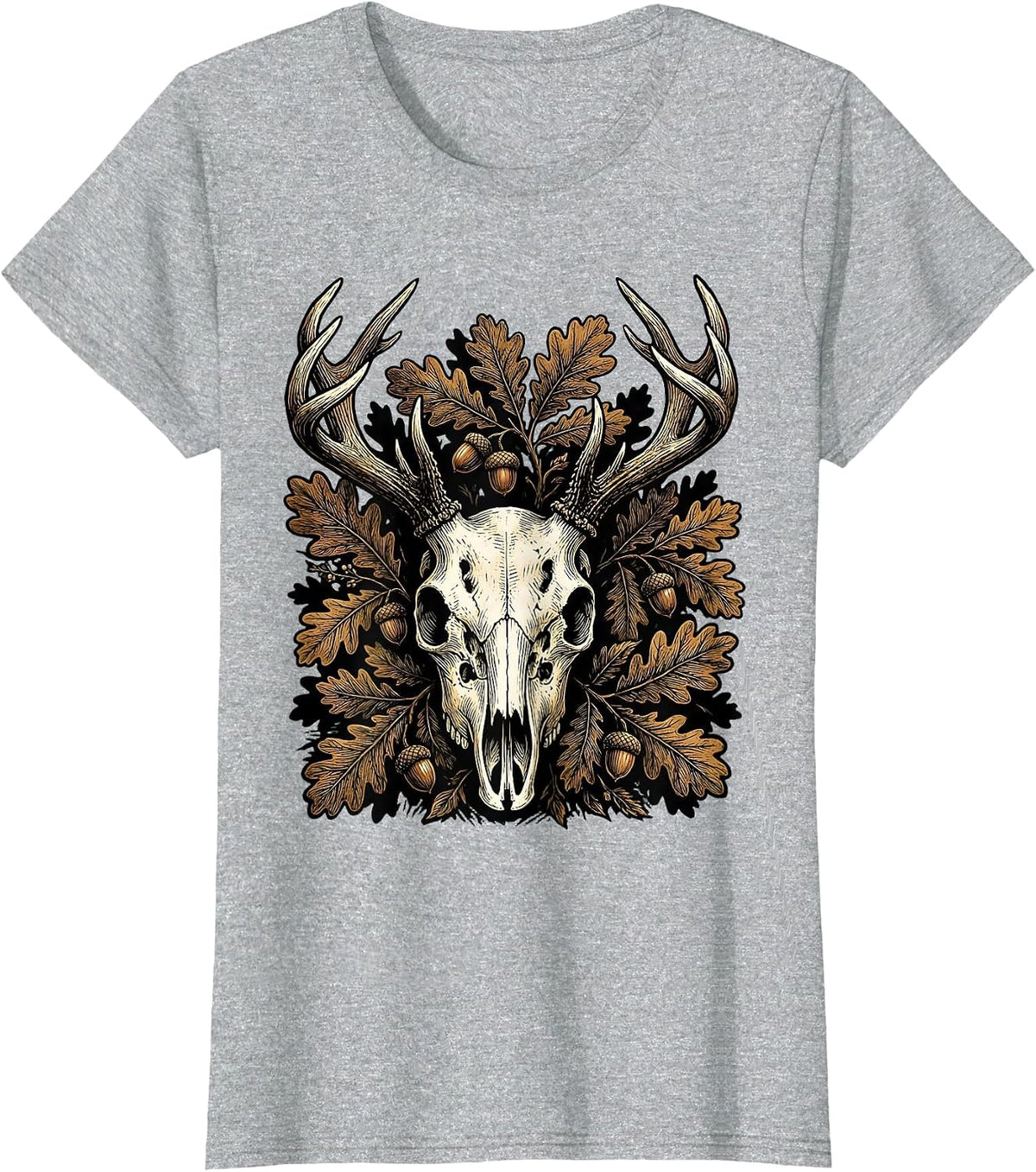 Camo Deer Skull Antlers Foliage Graphic Design T-Shirt - Heather Grey
