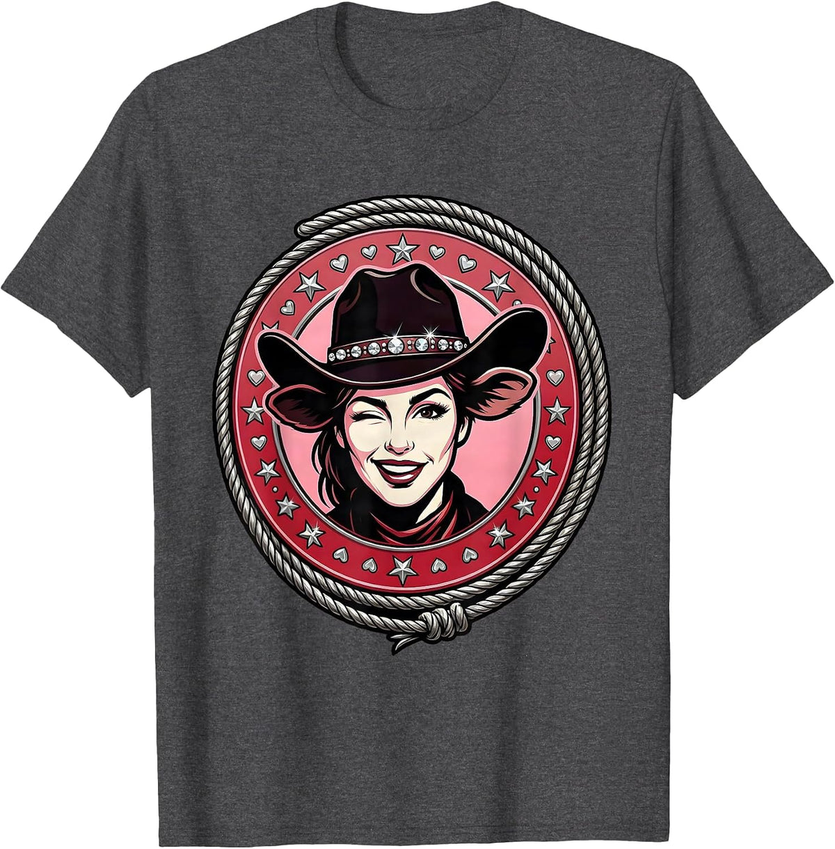Winking Cowgirl Hat Tipped Graphic Design T-Shirt - Dark Heather Grey