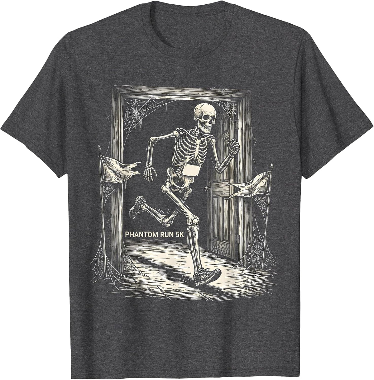 Phantom Run 5K Funny Skeleton Runner Halloween 5K Race T-Shirt - Dark Heather Grey