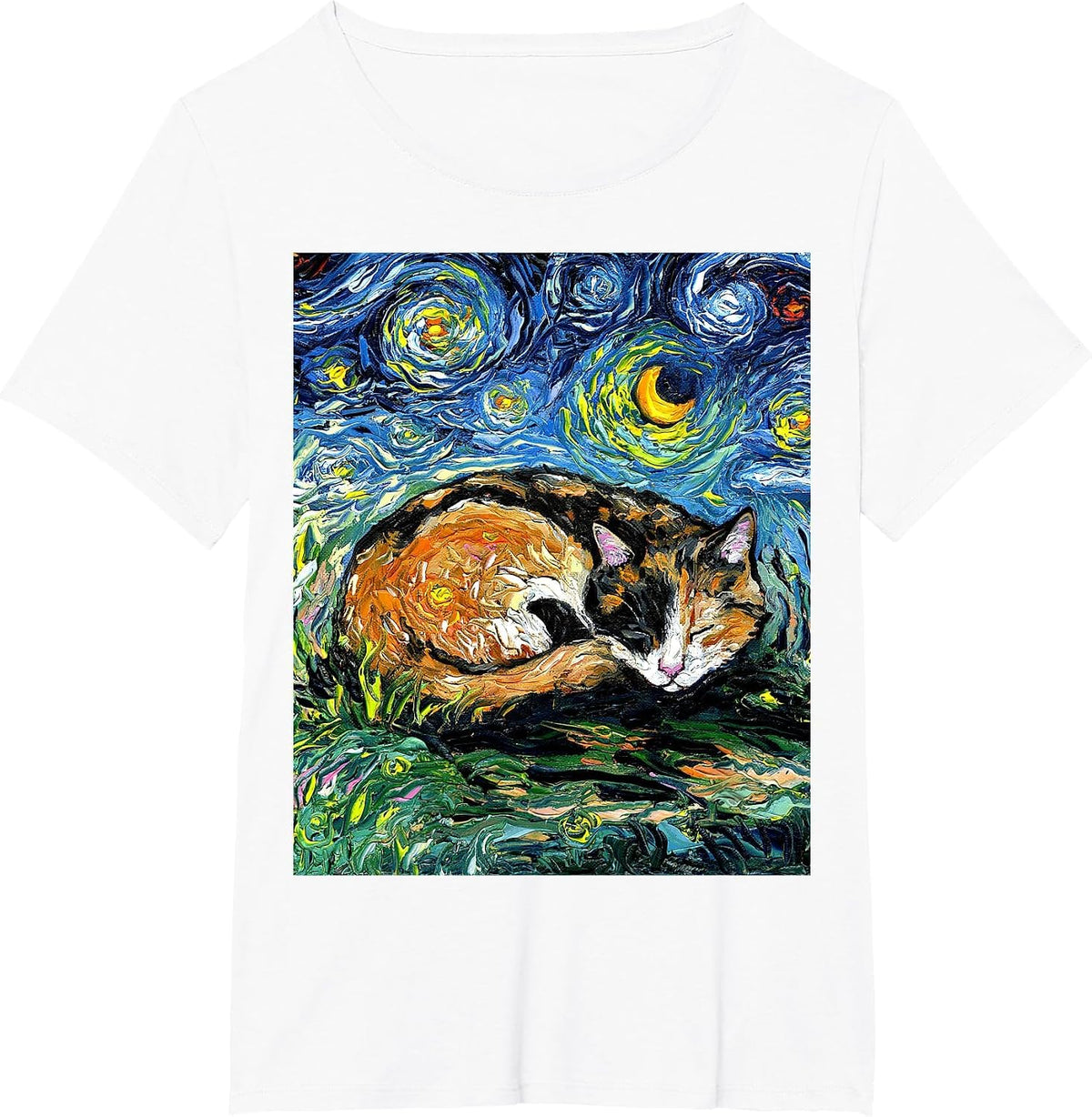 Sleeping Calico Cat Starry Night Animal Lover Pet Artwork T-Shirt - White