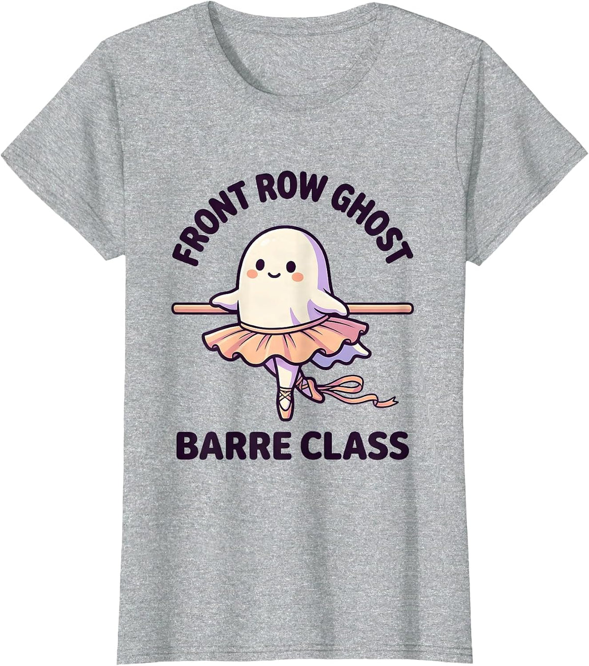 Front Row Ghost Barre Class Cute Kawaii Halloween Ballet T-Shirt - Heather Grey