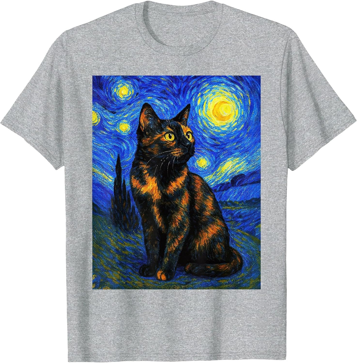 Tortoiseshell Cat Starry Night Van Gogh T-Shirt - Heather Grey