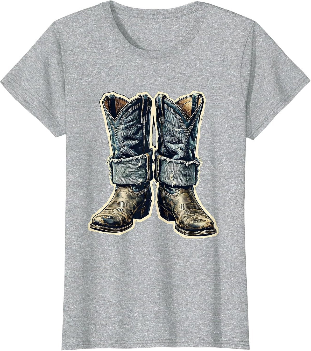 Denim Cowgirl Boots Western Graphic Tee T-Shirt - Heather Grey