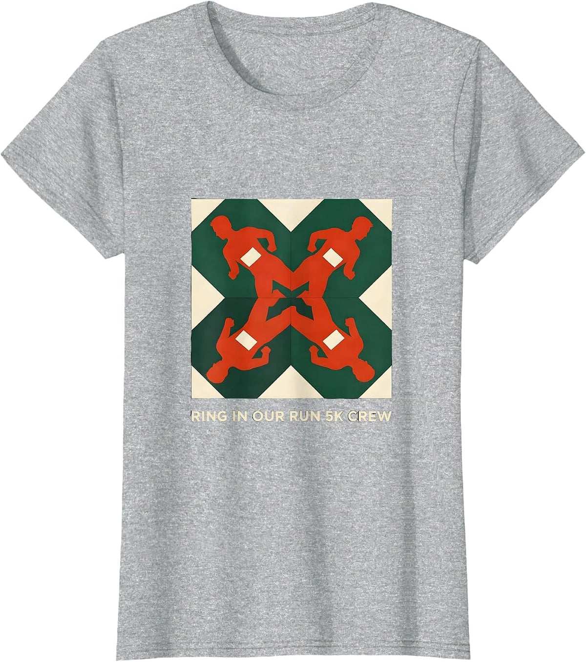 Ring In Our Run 5K Crew Quilt Block Patchwork Christmas Fun T-Shirt - Heather Grey