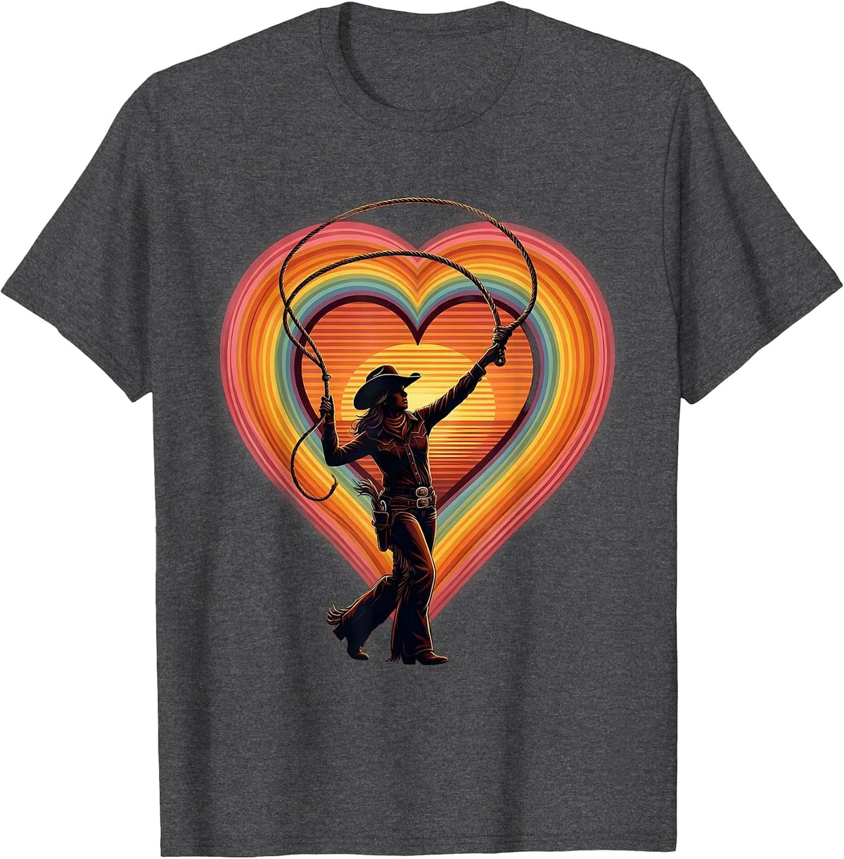 Pink Cowgirl Lasso Heart Graphic Design T-Shirt - Dark Heather Grey