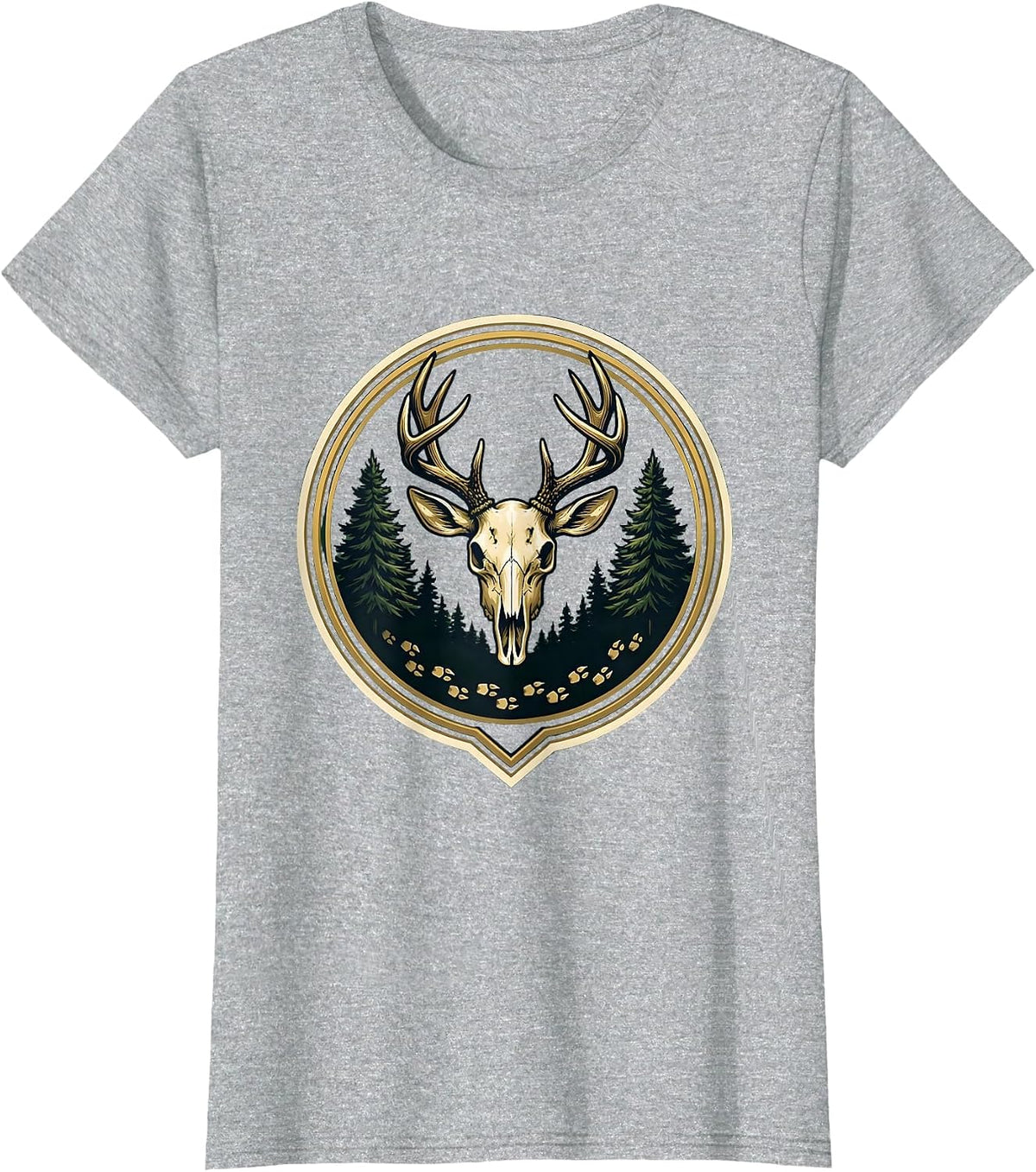 Women's Deer Tracks Into Dark Forest Hunting Design T-Shirt - Heather Grey