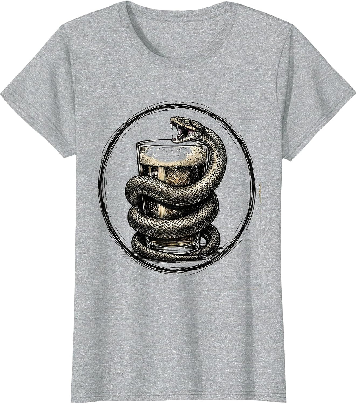 Snake Coiled Around Pint Glass Beer Graphic T-Shirt - Heather Grey