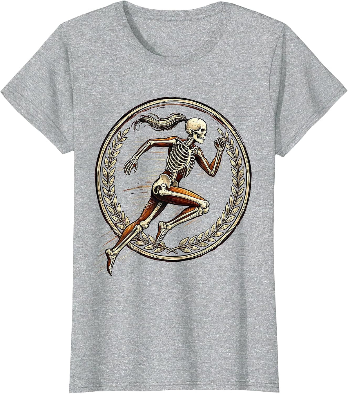 Women's Skeleton Runner Ponytail Flying Graphic Tee T-Shirt - Heather Grey