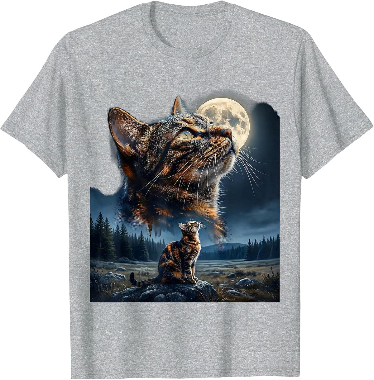 Men's Tortoiseshell Cat Howling at Moon 90's Retro T-Shirt - Heather Grey