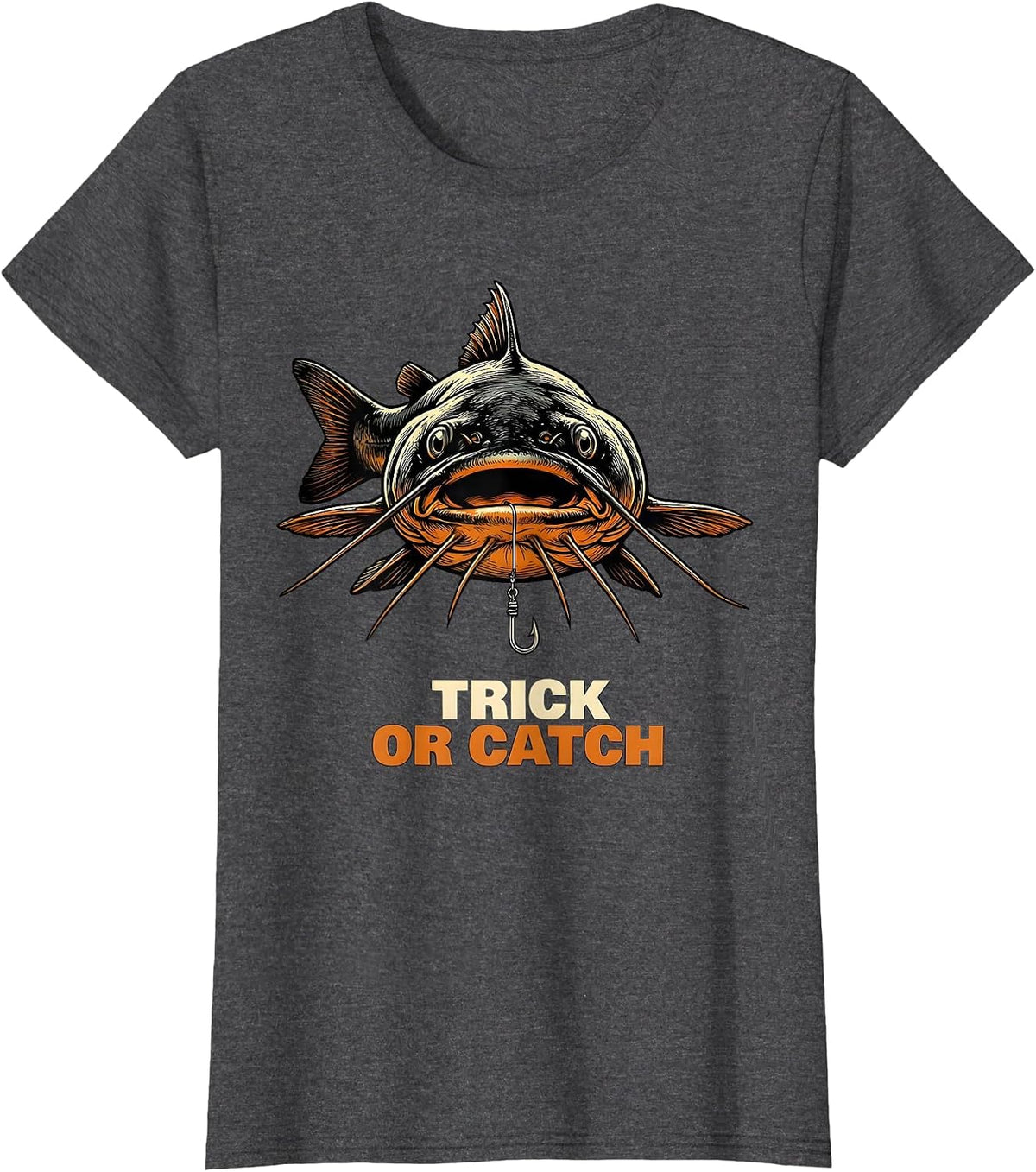 Women's Trick Or Catch Oversized Bullhead Catfish Funny Halloween T-Shirt - Dark Heather Grey