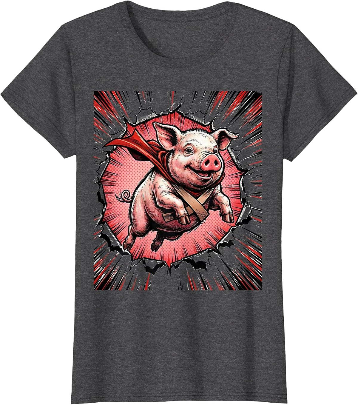 Women's Cheerful Pig Comic Book Animal Lover Novelty Humor T-Shirt - Dark Heather Grey