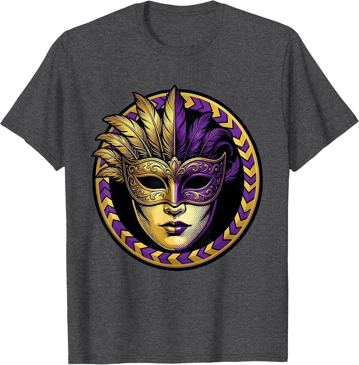 Ornate Mardi Gras Mask Gold and Purple Design T-Shirt - Dark Heather Grey