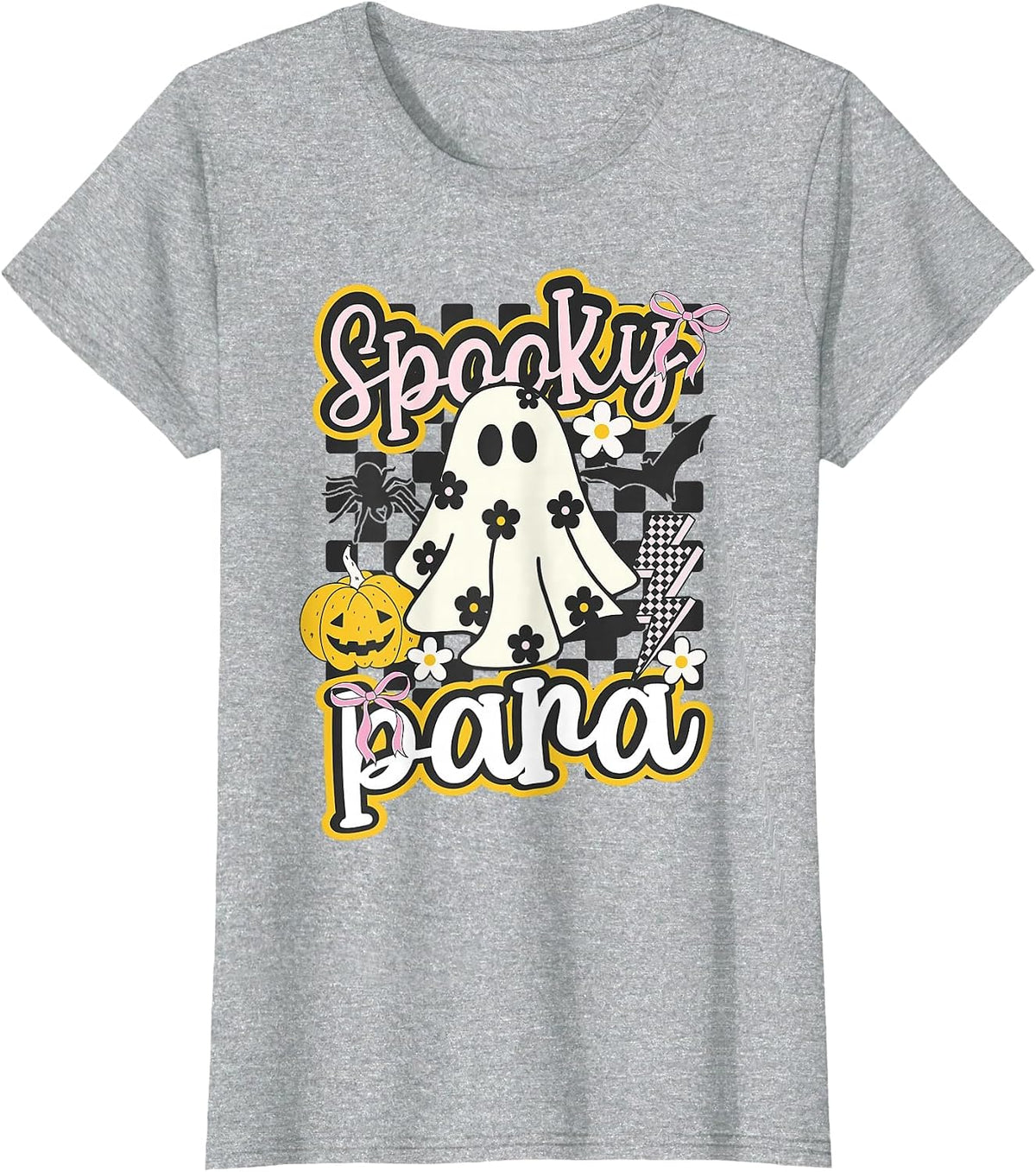 Spooky para Groovy Preppy Halloween Ghost Checkered T-Shirt - Heather Grey