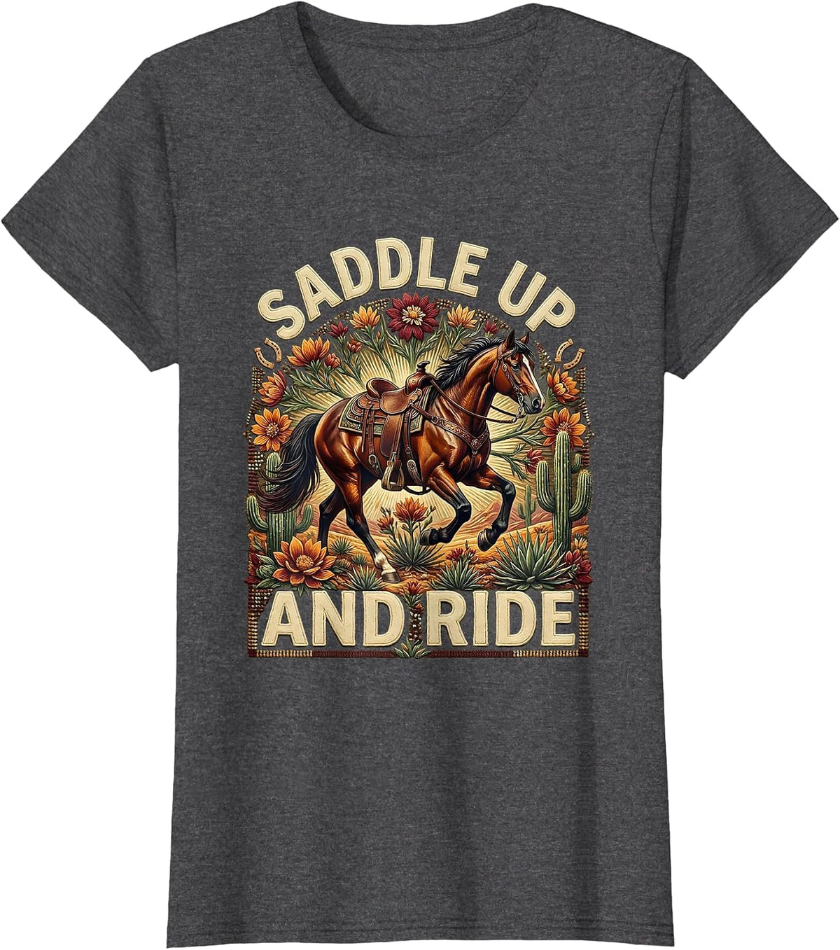 Women's Saddle Up and Ride Western Cowboy Design T-Shirt - Dark Heather Grey
