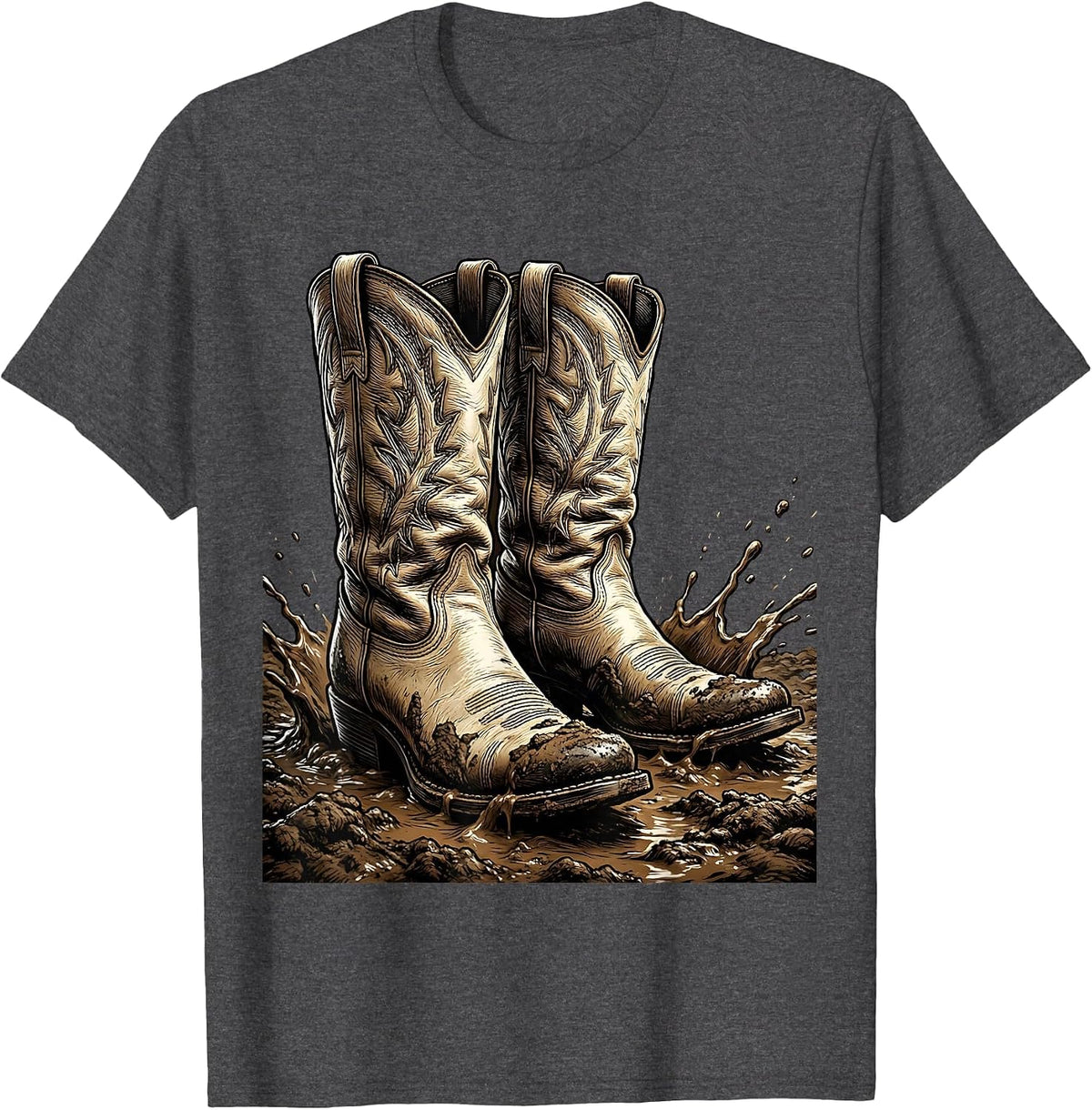Men's Cowboy Boots in the Mud Western Graphic T-Shirt - Dark Heather Grey