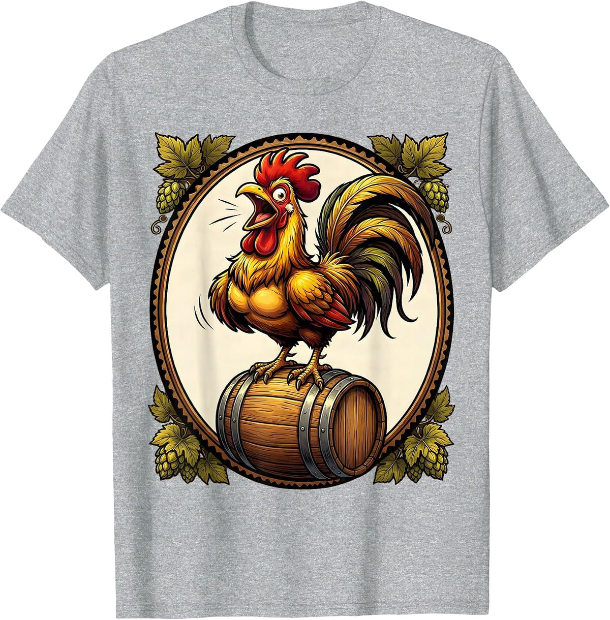 Men's Rooster on a Beer Keg Graphic Design T-Shirt - Heather Grey