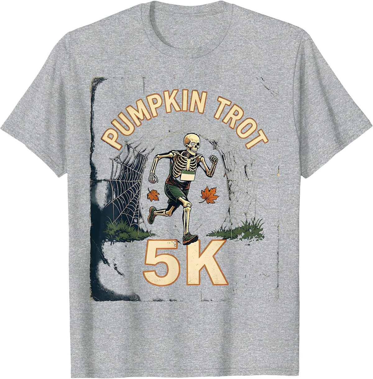 Men's Pumpkin Trot 5K Vintage Skeleton Halloween Fun Run Matching T-Shirt - Heather Grey