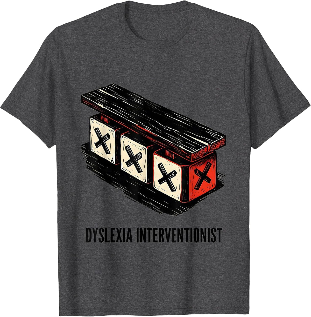 Dyslexia Interventionist Linocut Dyslexia Teacher Awareness T-Shirt - Dark Heather Grey