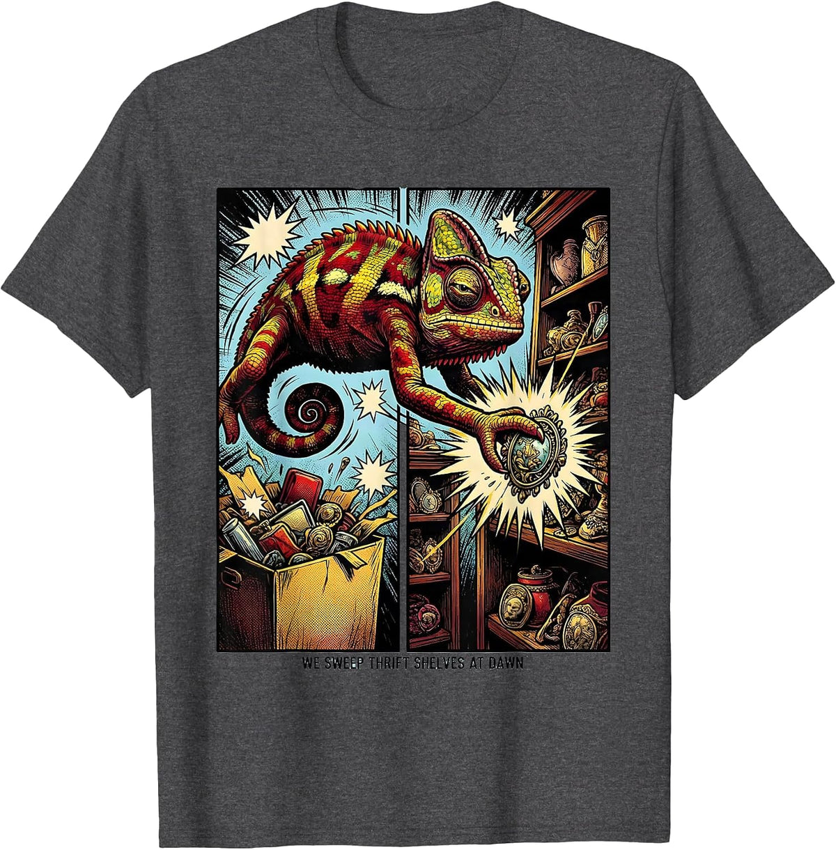 Men's We Sweep Thrift Shelves At Dawn Comic Book Vintage Thrift T-Shirt - Dark Heather Grey