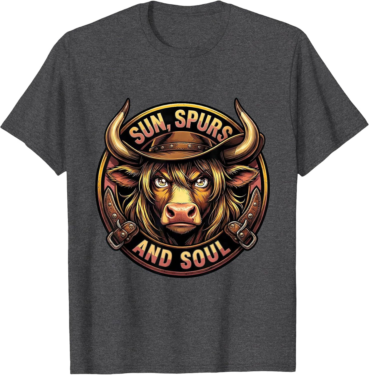 Men's Sun Spurs and Soul Western Graphic Design T-Shirt - Dark Heather Grey