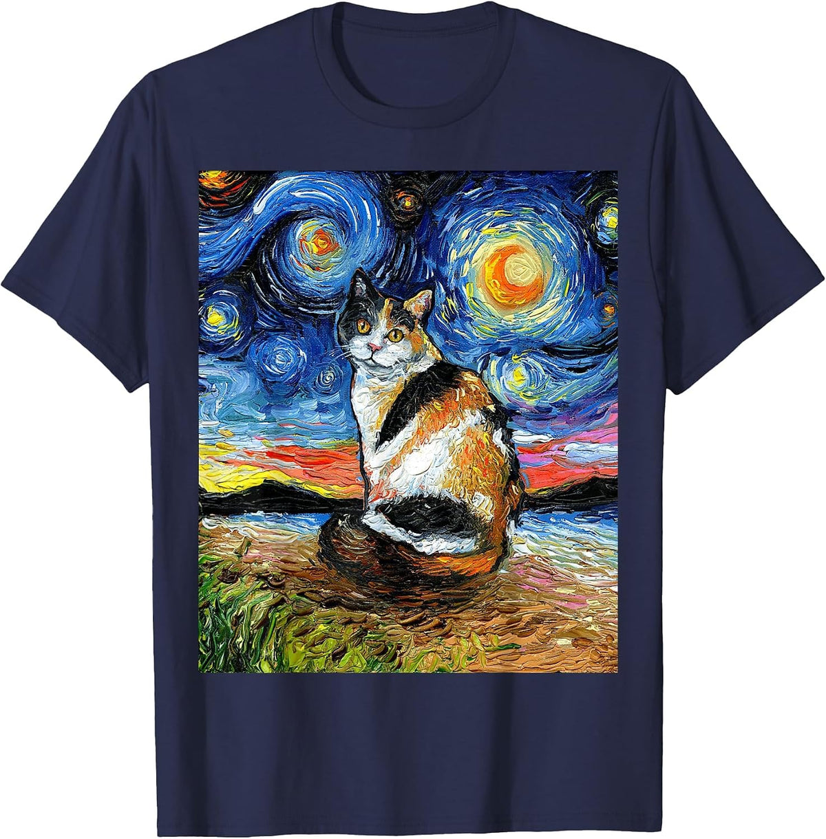 Calico Cat Starry Night Kitty and Moon Celestial Artwork T-Shirt - Navy Blue