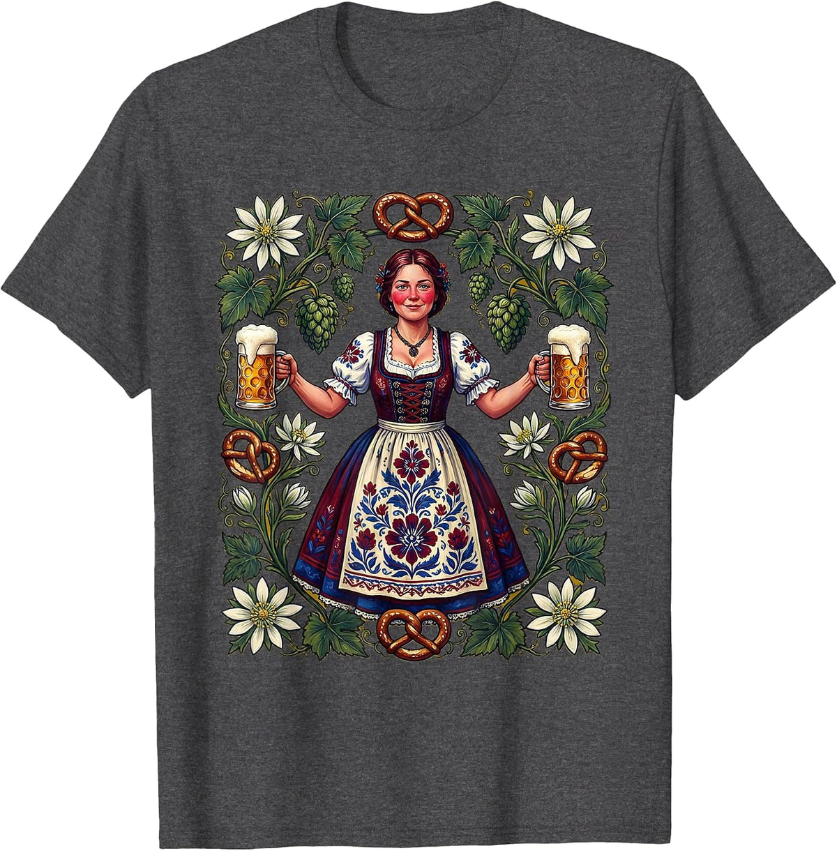 Men's Bavarian Beer Maiden Oktoberfest Illustration T-Shirt - Dark Heather Grey