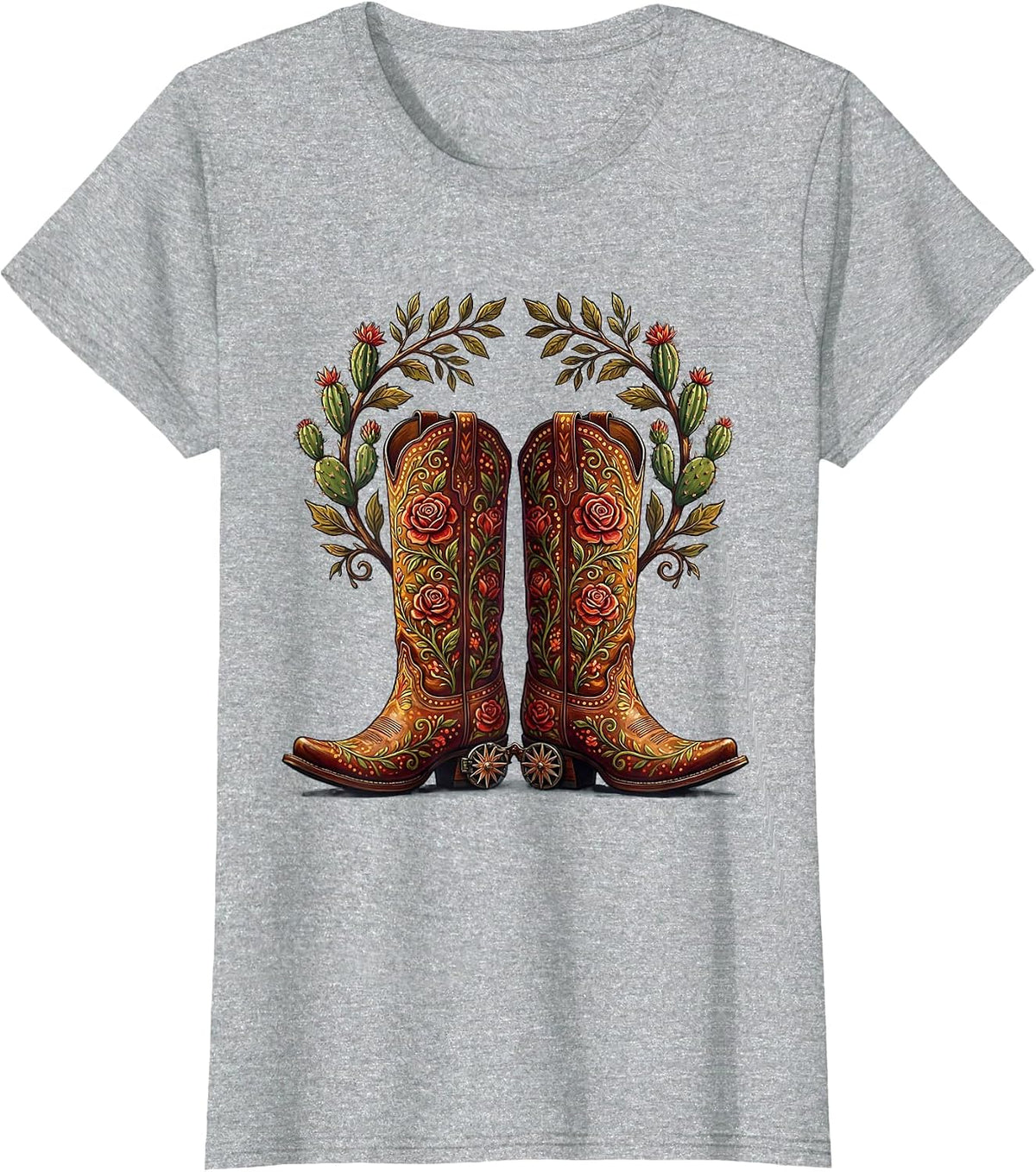 Western Boots Spurs and Desert Roses Graphic T-Shirt - Heather Grey