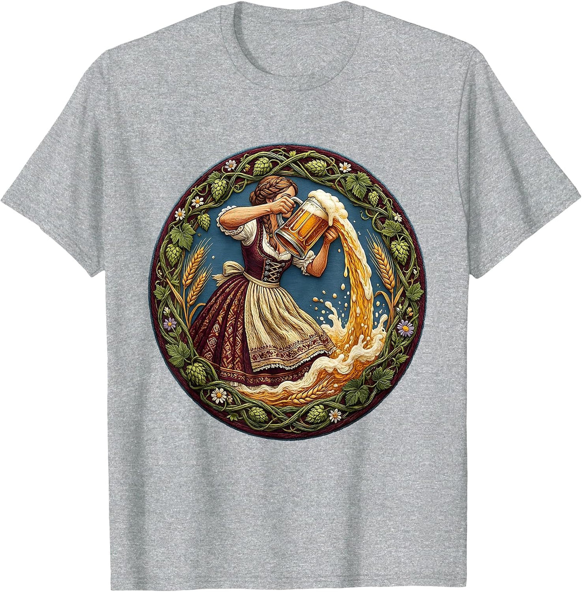 Men's Dirndl Beer Pourer Oktoberfest Illustration T-Shirt - Heather Grey