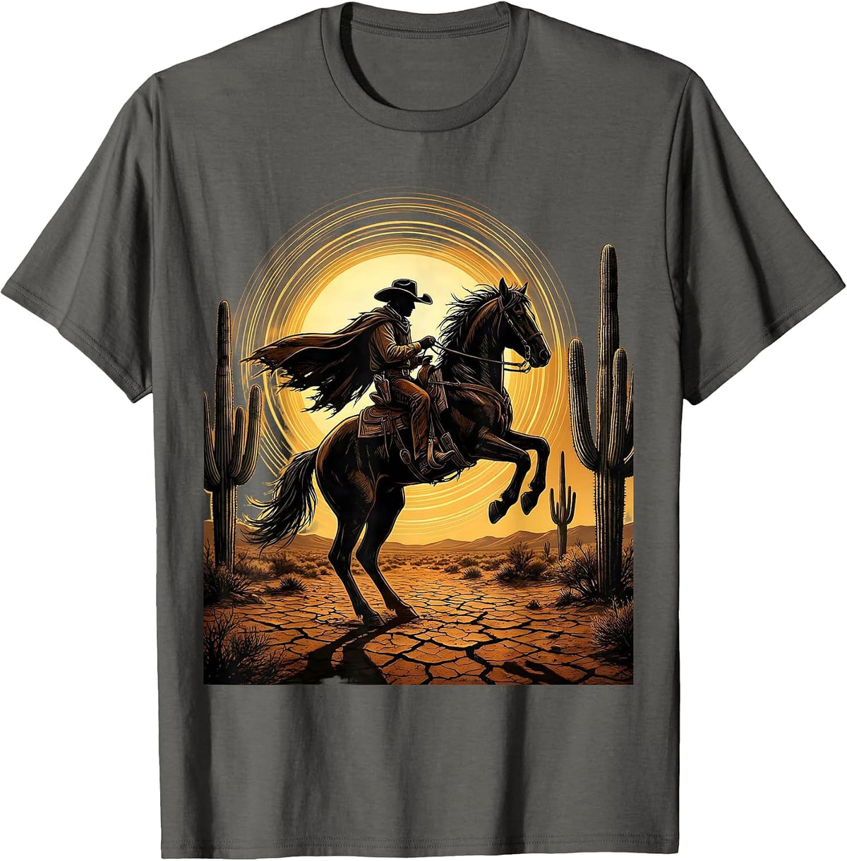 Cowboy Silhouette Desert Sun Western Graphic T-Shirt - Asphalt Grey