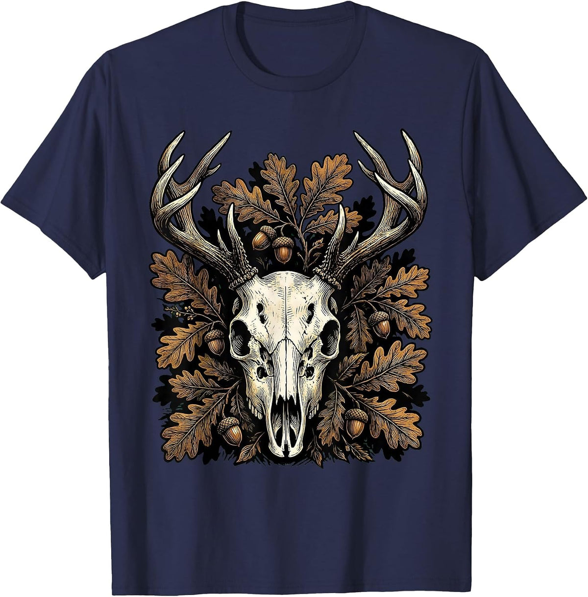 Camo Deer Skull Antlers Foliage Graphic Design T-Shirt - Navy Blue