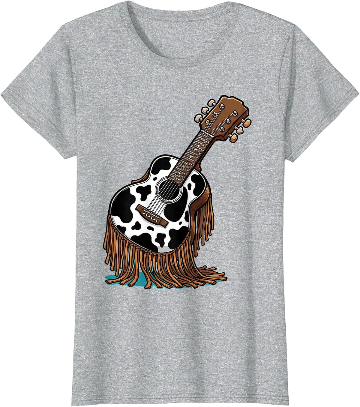 Women's Cow Print Guitar With Western Fringe Illustration T-Shirt - Heather Grey