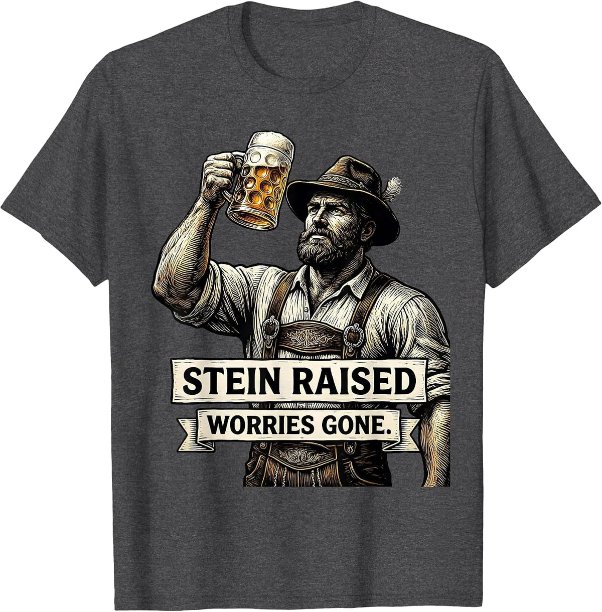 Stein Raised Worries Gone Oktoberfest Design T-Shirt - Dark Heather Grey