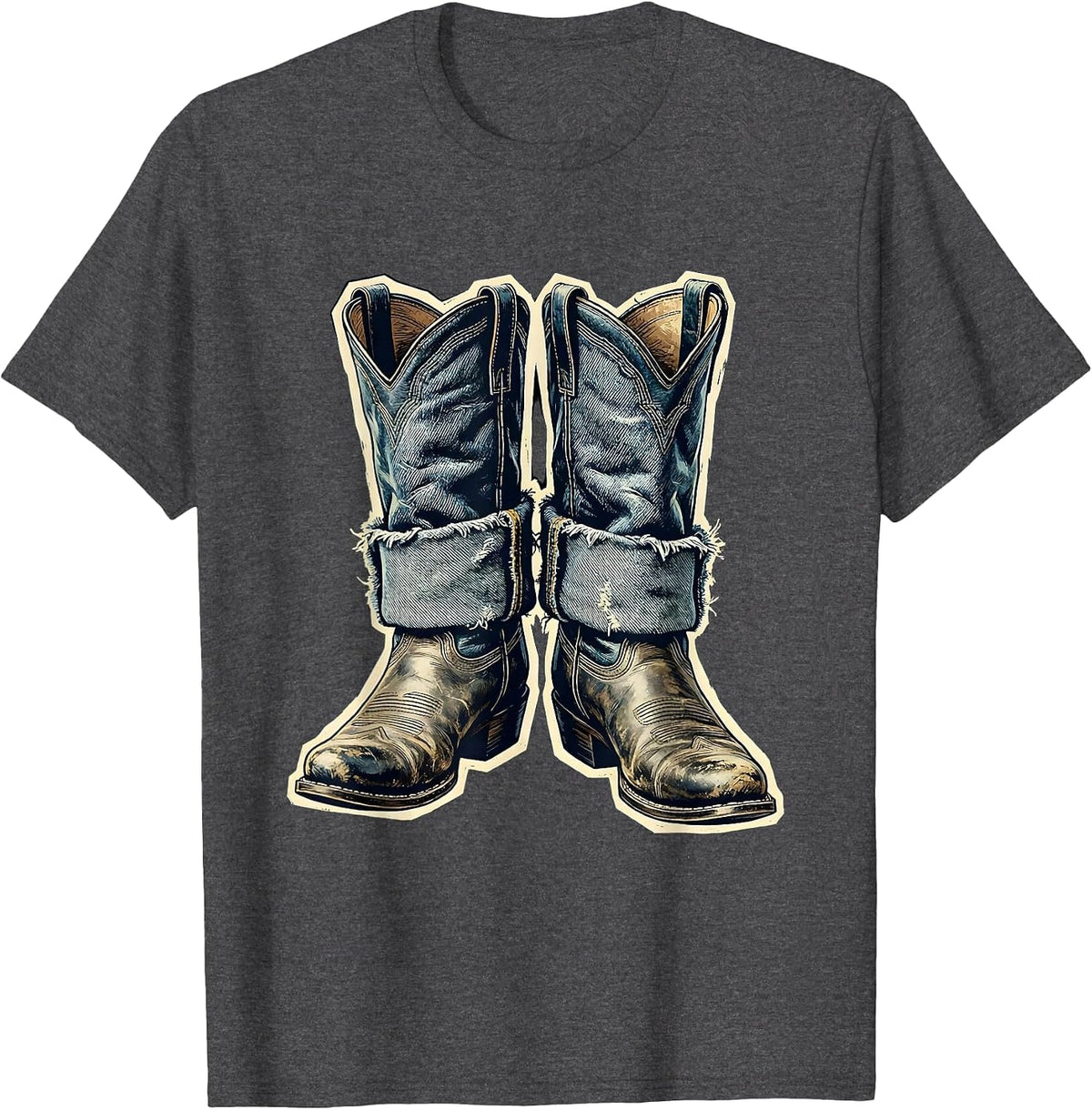 Denim Cowgirl Boots Western Graphic Tee T-Shirt - Dark Heather Grey