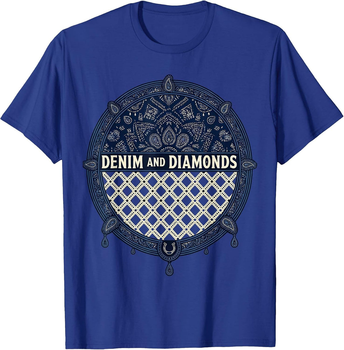 Denim and Diamonds Western Cowgirl Glam Style T-Shirt - Royal Blue