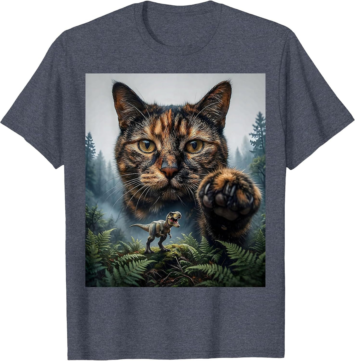 Men's Oversized Calm Tortoiseshell Cat Face Funny T-Rex Dinosaur T-Shirt - Heather Blue