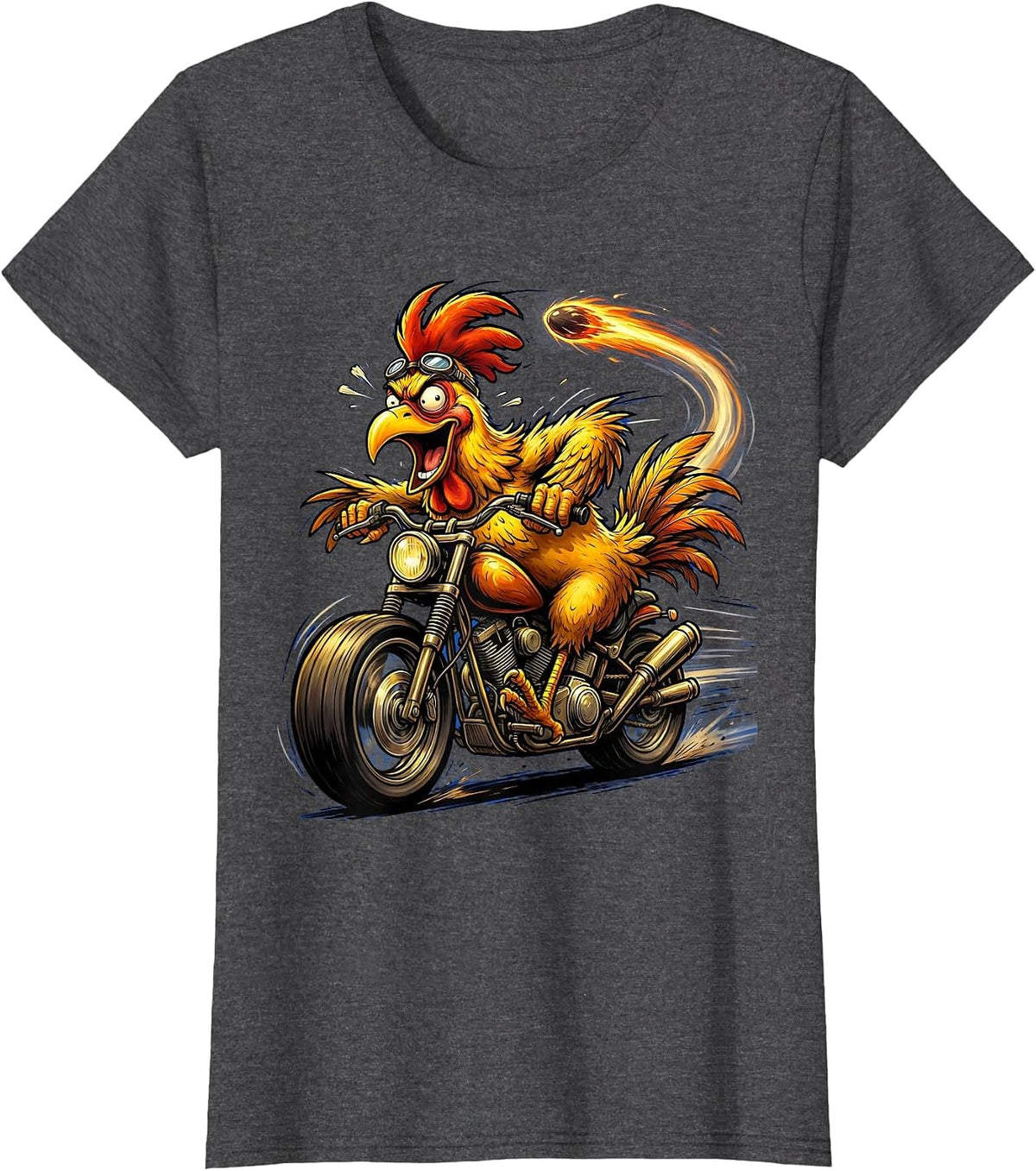 Women's Chicken Riding Motorcycle Full Speed Biker Art T-Shirt - Dark Heather Grey