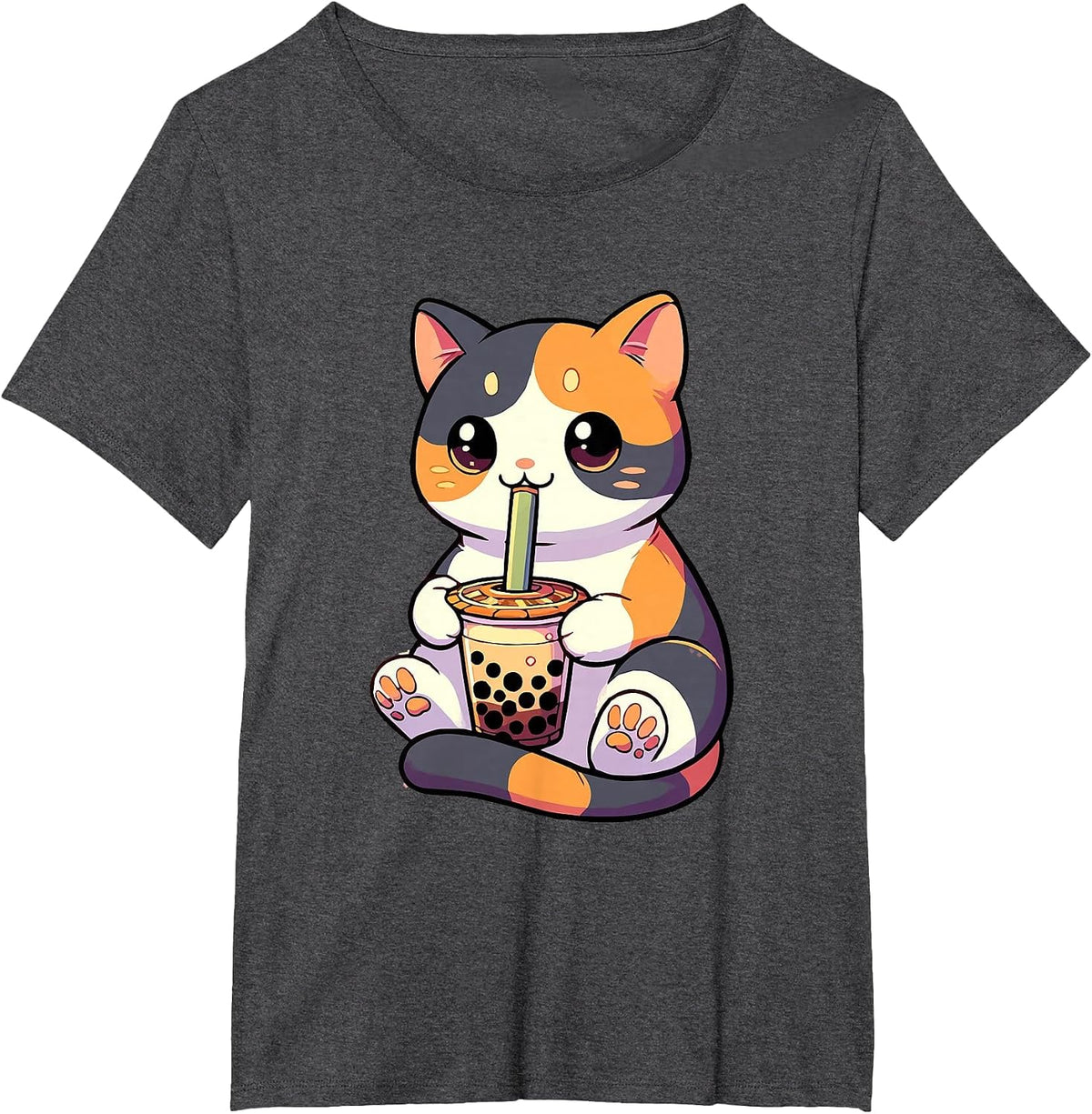 Cat Drinking Boba Feline Japanese Pet Kawaii Boba Calico Cat T-Shirt - Dark Heather Grey