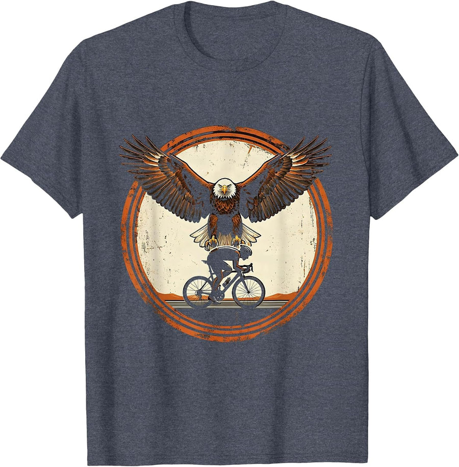 Eagle Soaring Over Road Cyclist Silhouette T-Shirt - Heather Blue