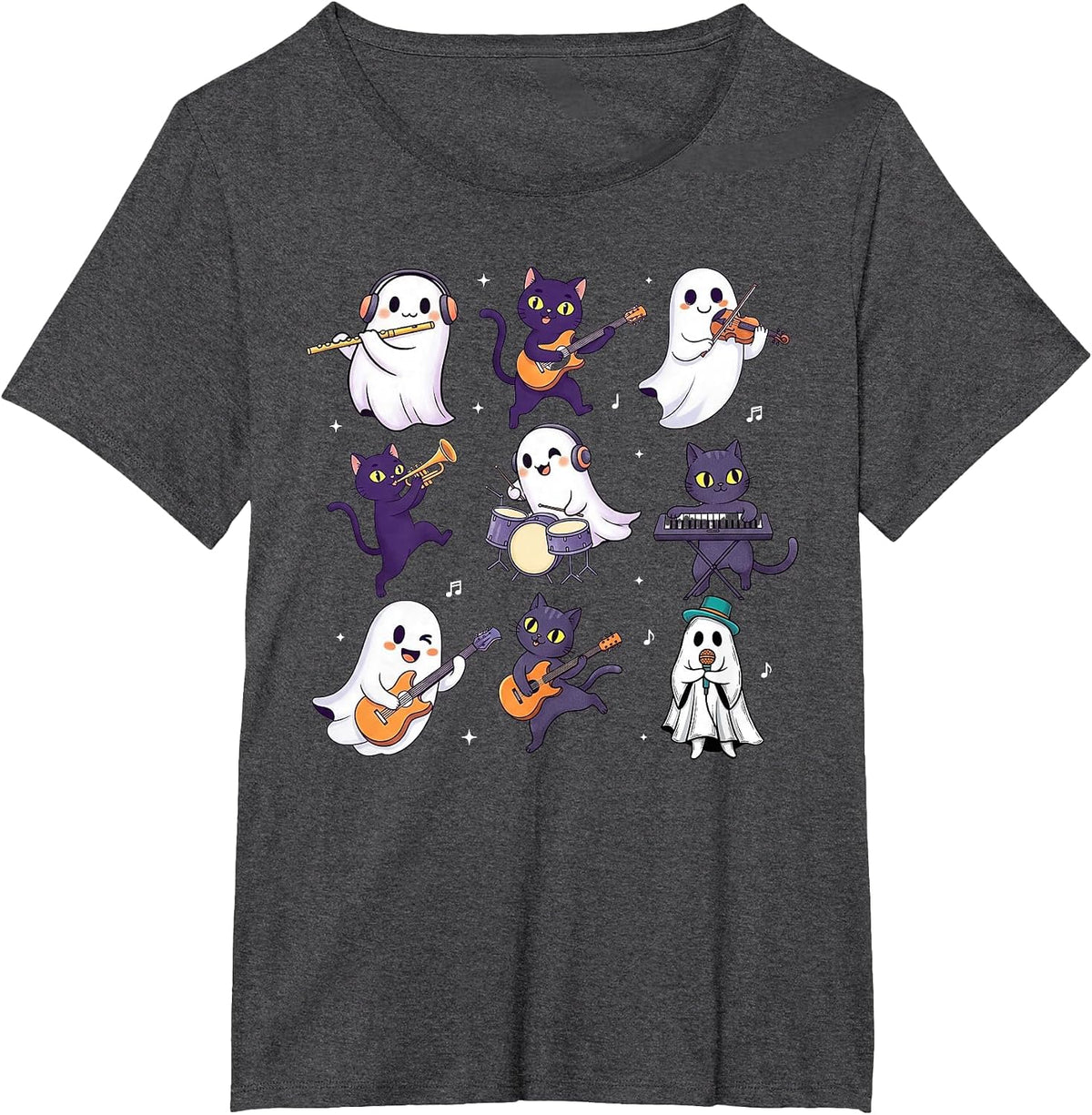 Cute Ghost Cat Playing Musical Halloween Music Teacher T-Shirt - Dark Heather Grey