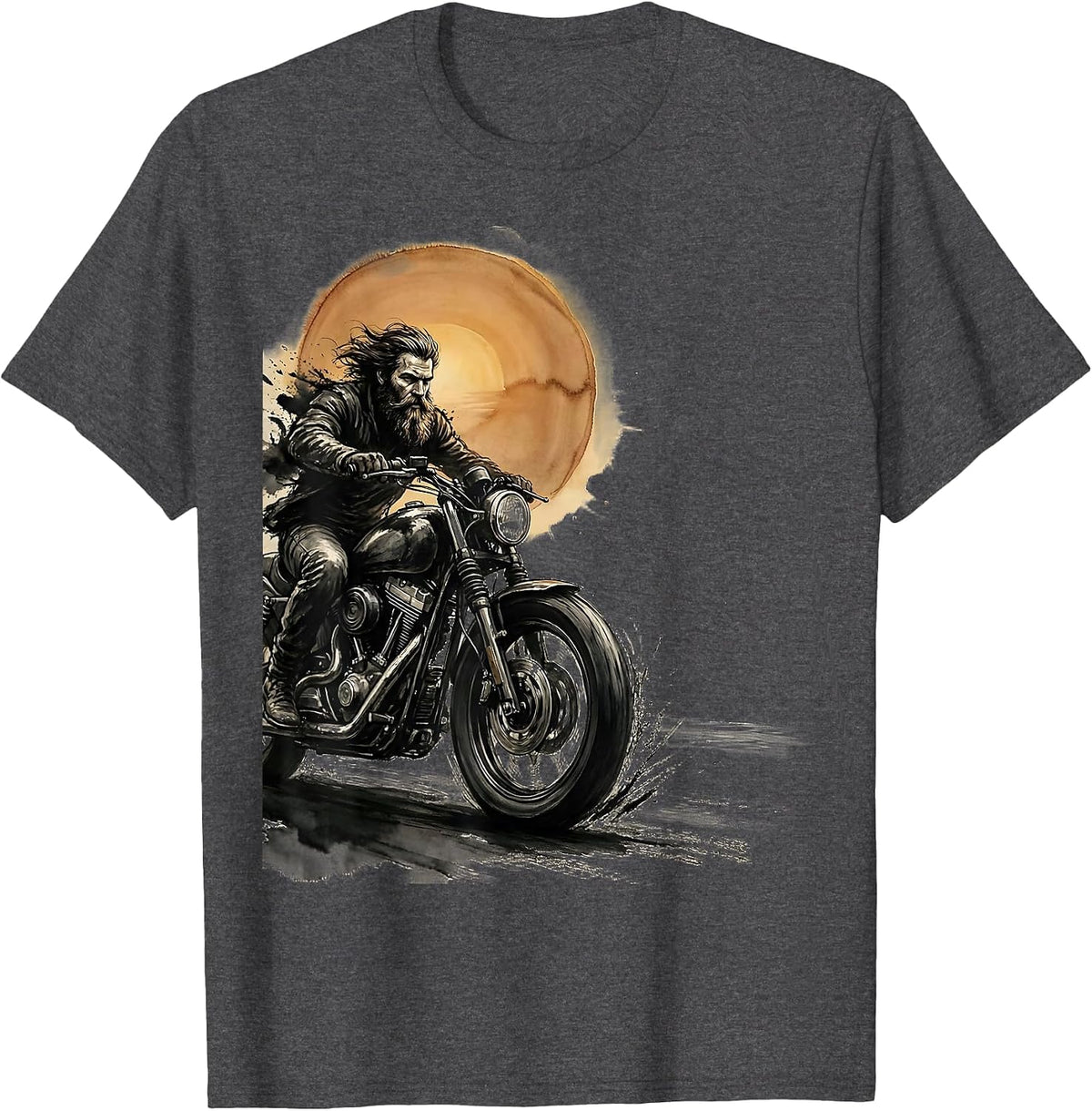 Bearded Biker Sunset Motorcycle Graphic Tee T-Shirt - Dark Heather Grey