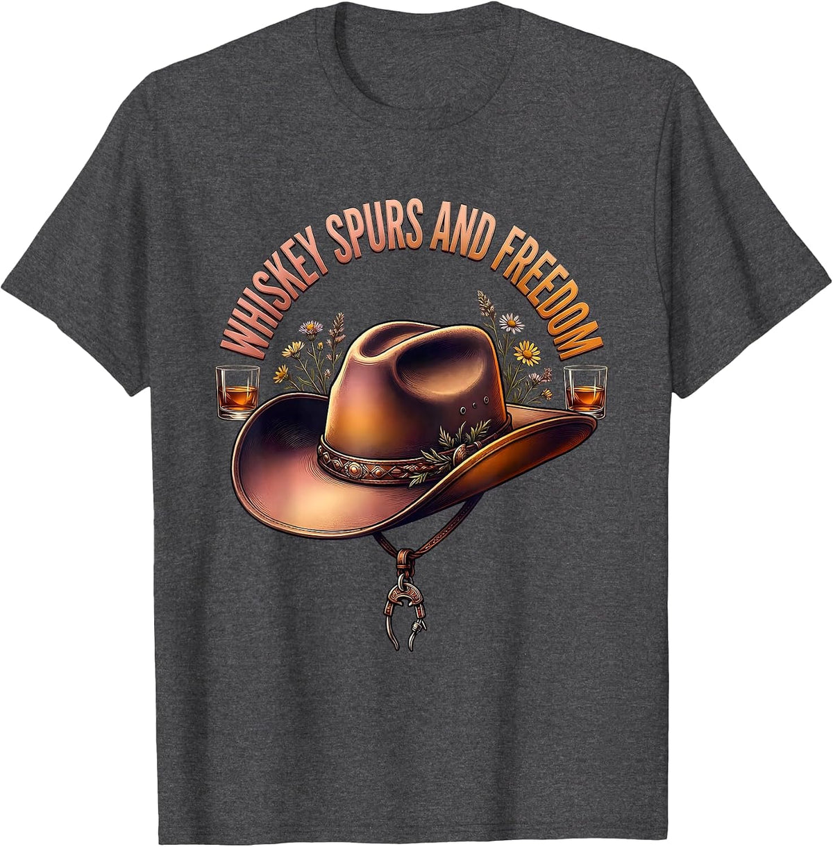 Whiskey Spurs and Freedom Cowboy Design T-Shirt - Dark Heather Grey