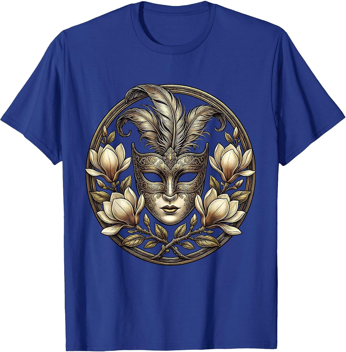 Mardi Gras Masquerade Mask Magnolia Floral T-Shirt - Royal Blue