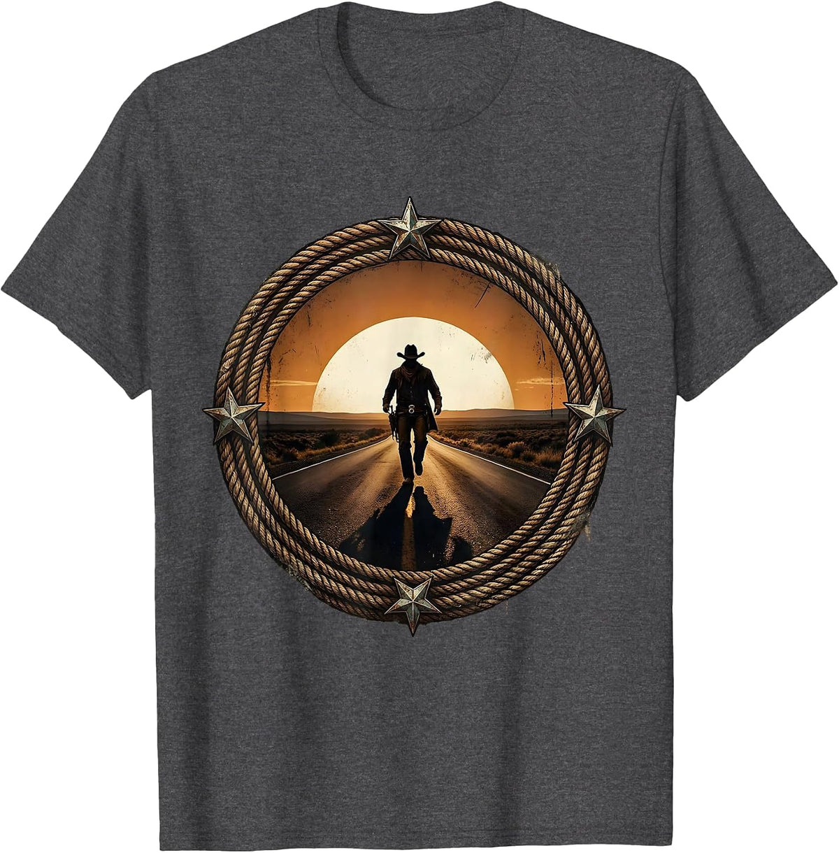 Men's Lone Cowboy Striding at Dusk Western Design T-Shirt - Dark Heather Grey