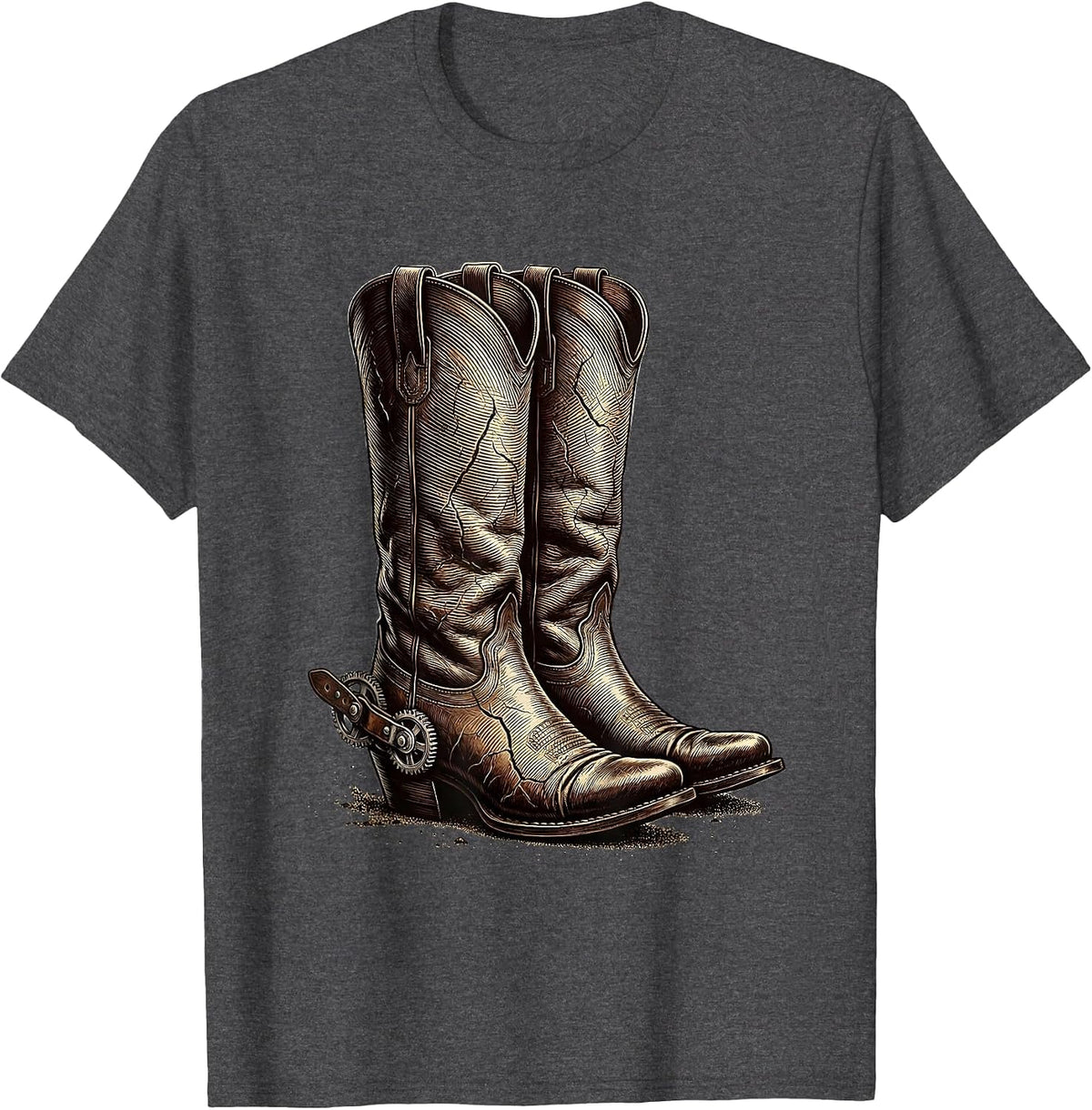 Worn Cowboy Boots With Spurs Dusty Western Art T-Shirt - Dark Heather Grey