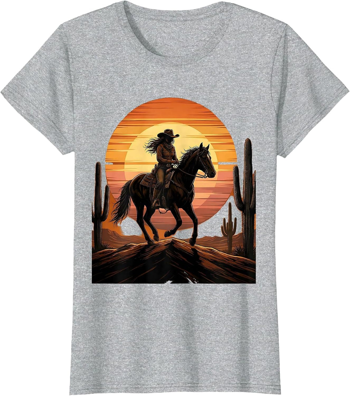 Cowgirl Silhouette Desert Sunset Graphic T-Shirt - Heather Grey