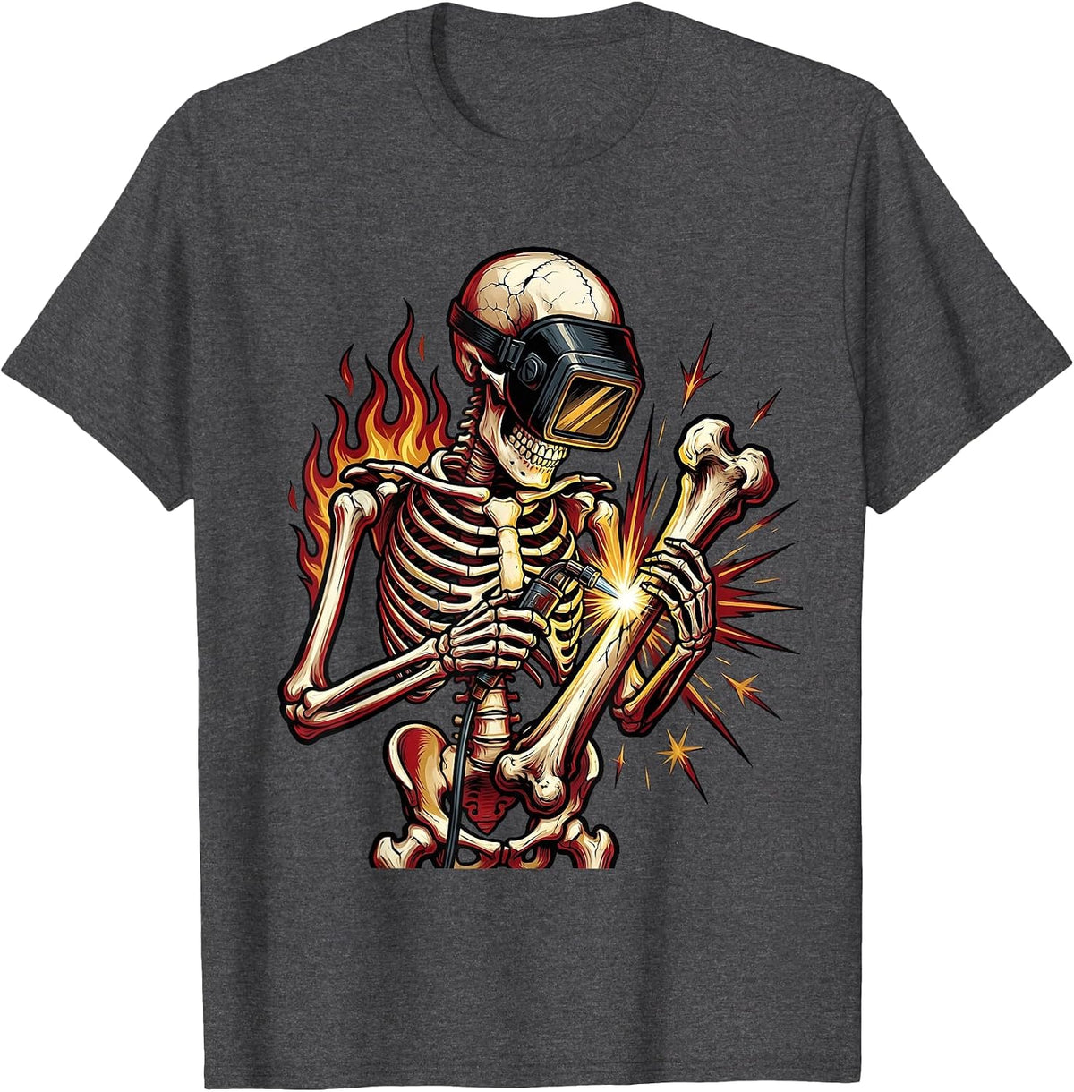 Skeleton Welder Welding Iron Bones Graphic T-Shirt - Dark Heather Grey
