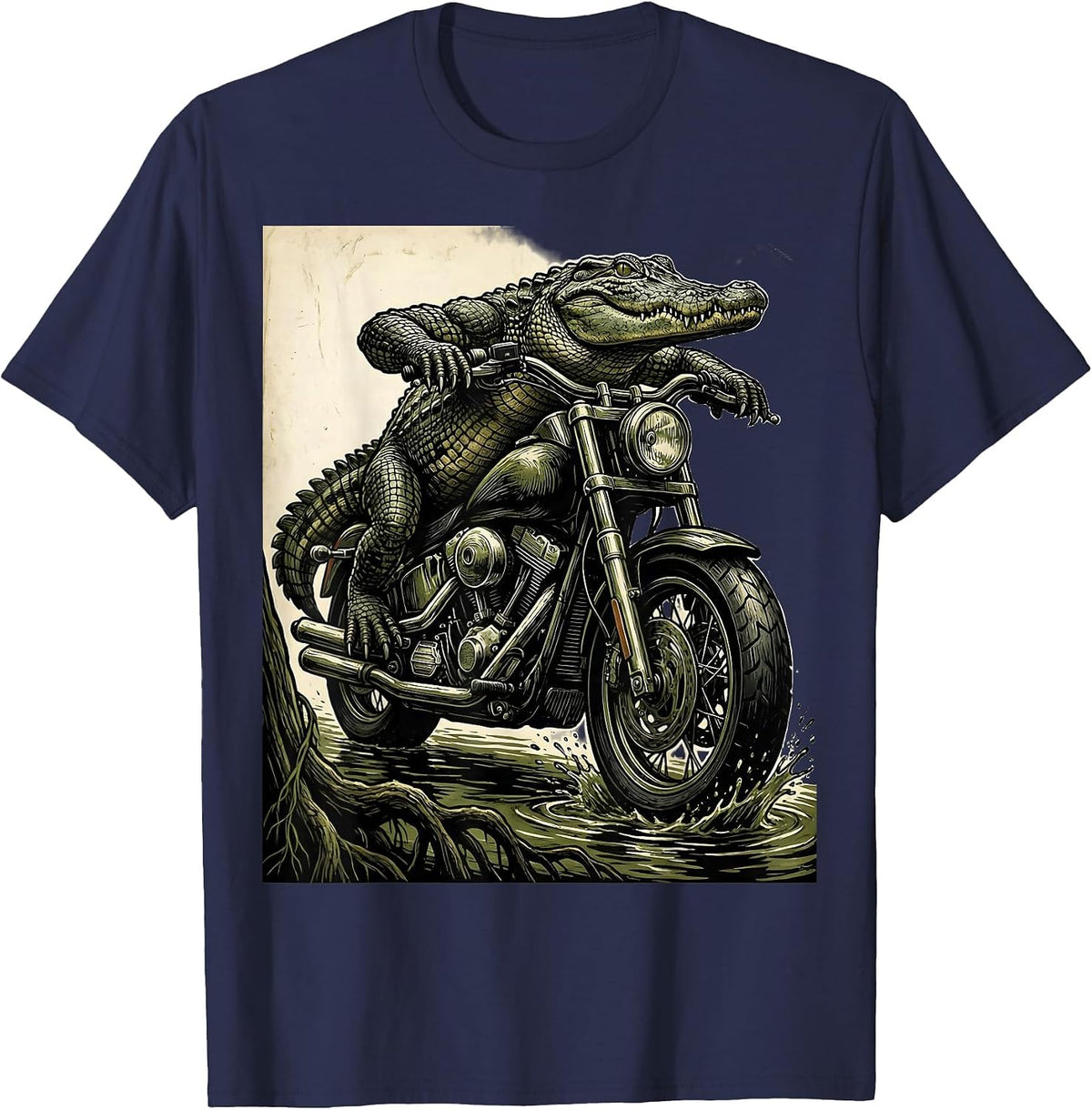 Gator Riding Motorcycle Through the Swamp T-Shirt - Navy Blue
