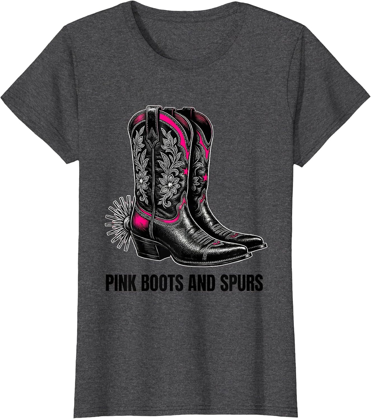 Women's Pink Boots and Spurs Western Cowgirl Design T-Shirt - Dark Heather Grey