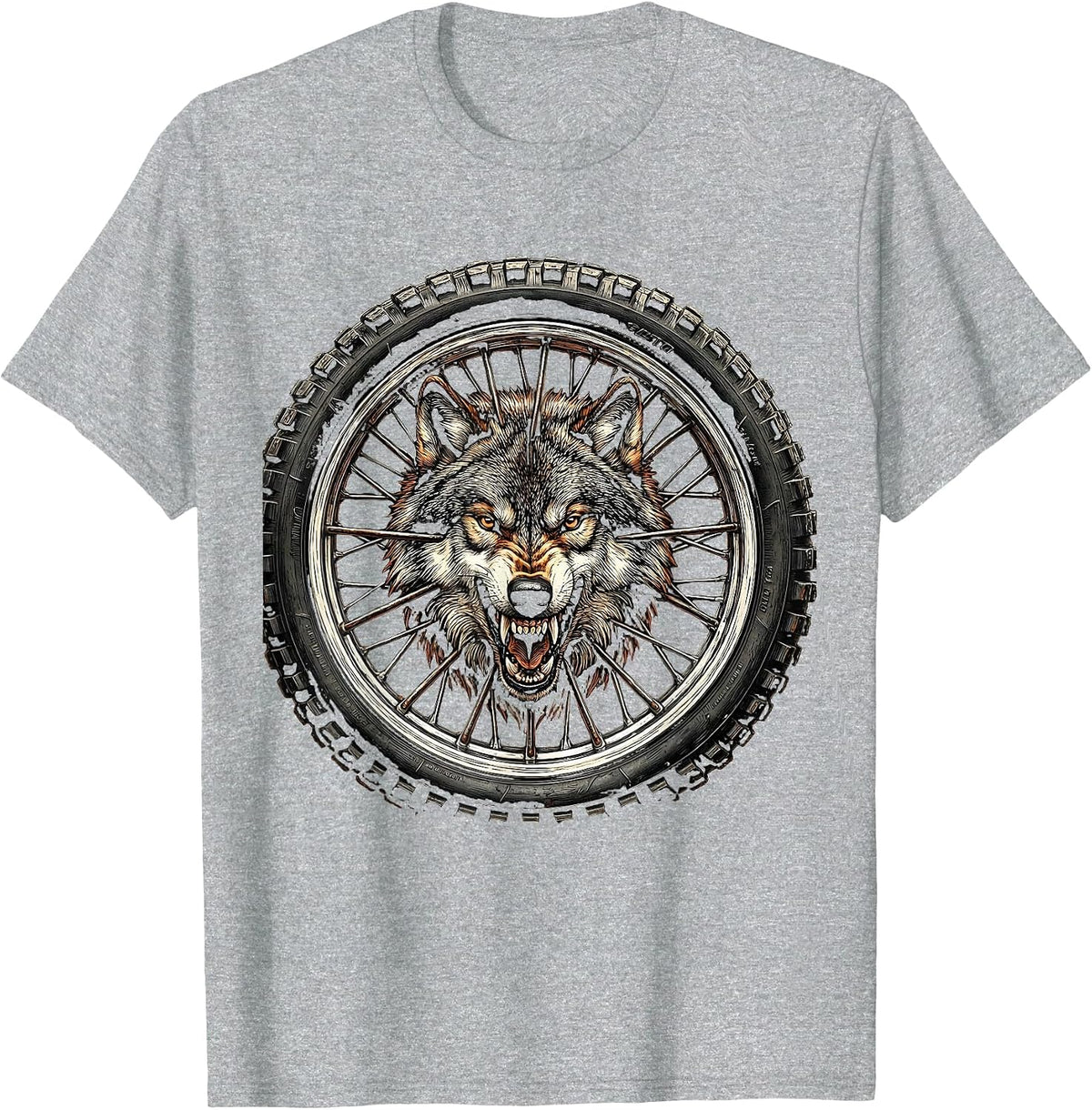 Men's Wolf Head Motorcycle Wheel Biker Graphic T-Shirt - Heather Grey